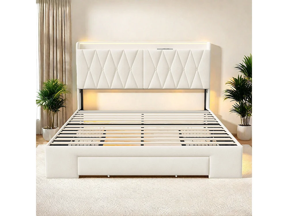 Lit de rangement - 140 x 200 cm - avec 3 tiroirs & lumières LED & prise de charge - velours - Beige