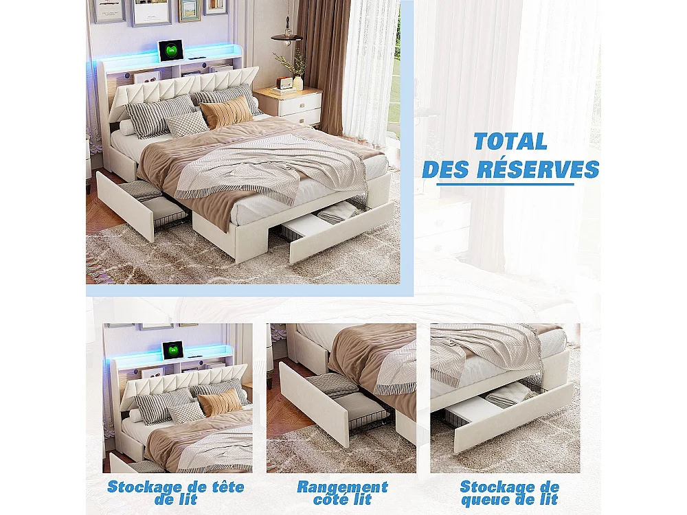 Lit de rangement - 140 x 200 cm - avec 3 tiroirs & lumières LED & prise de charge - velours - Beige