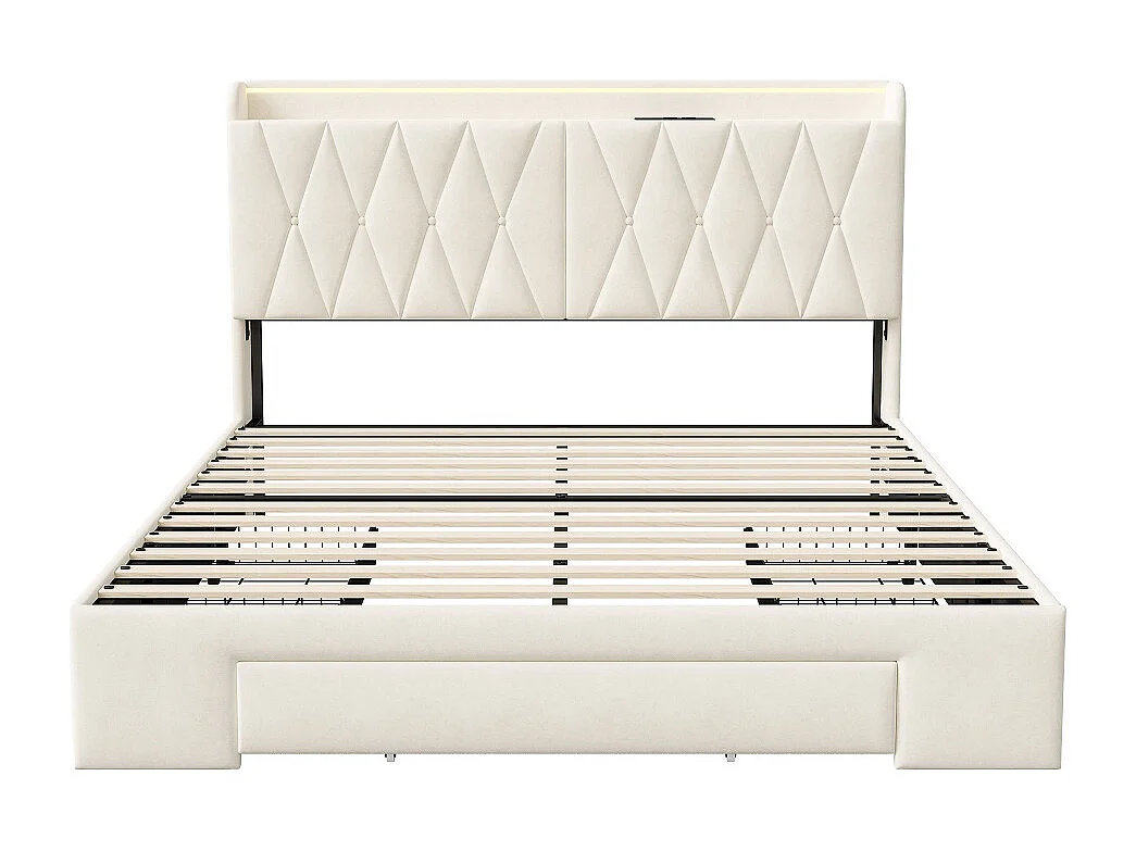 Lit de rangement - 140 x 200 cm - avec 3 tiroirs & lumières LED & prise de charge - velours - Beige