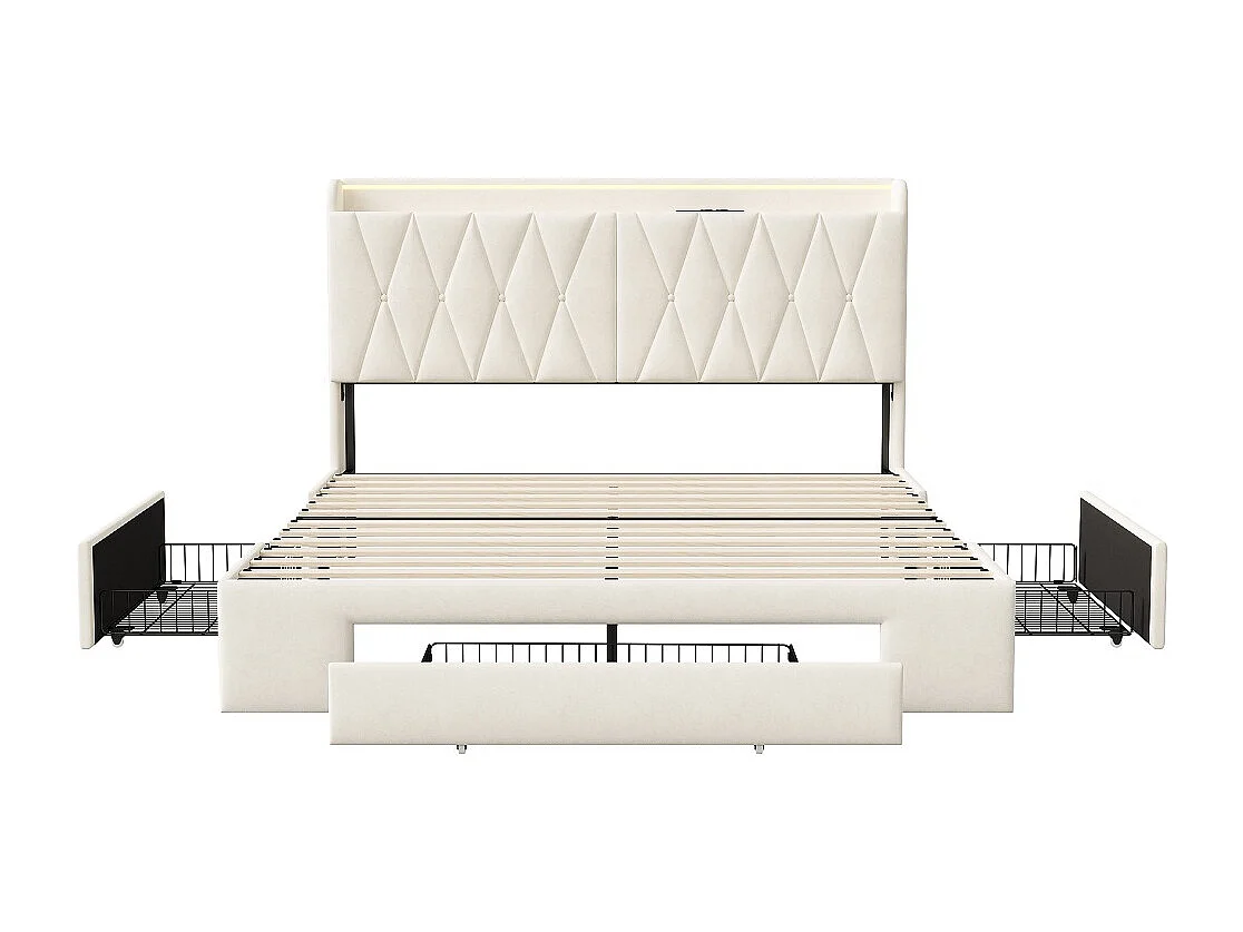 Lit de rangement - 140 x 200 cm - avec 3 tiroirs & lumières LED & prise de charge - velours - Beige