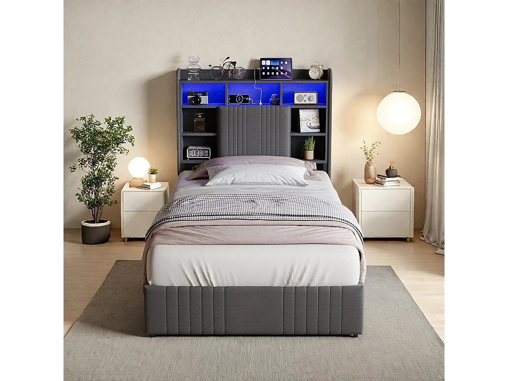 Lit de rangement - 90 x 200 cm - avec lumières LED & station de charge & tête de rangement & 4 tiroirs - Linge de maison - gris