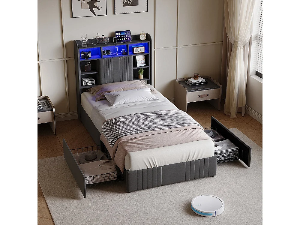 Lit de rangement - 90 x 200 cm - avec lumières LED & station de charge & tête de rangement & 4 tiroirs - Linge de maison - gris