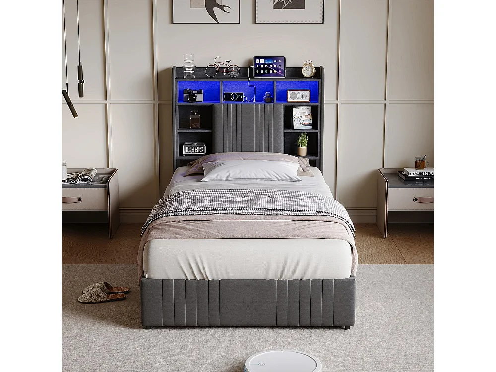 Lit de rangement - 90 x 200 cm - avec lumières LED & station de charge & tête de rangement & 4 tiroirs - Linge de maison - gris