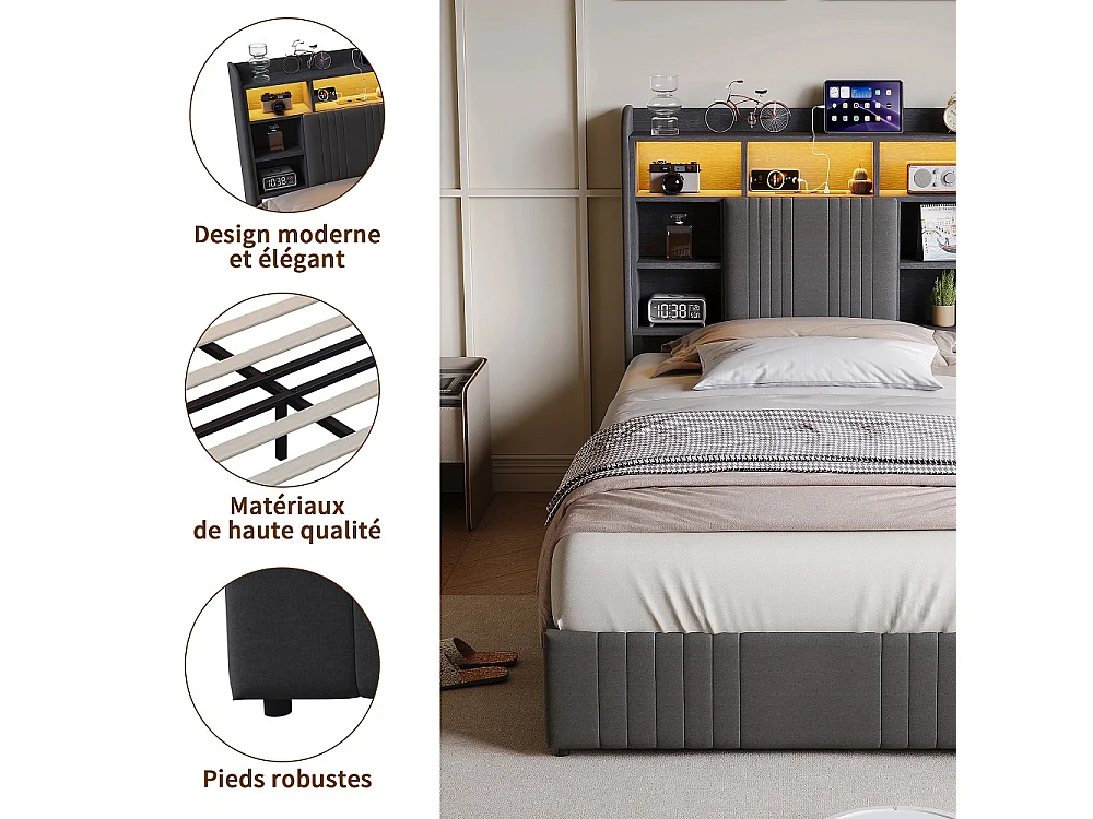 Lit de rangement - 90 x 200 cm - avec lumières LED & station de charge & tête de rangement & 4 tiroirs - Linge de maison - gris