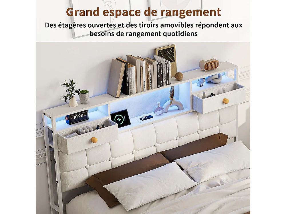 Gepolstertes Aufbewahrungsbett - 160 x 200 cm - USB Type-C-Ladeanschluss - 4 Schubladen - Samt - Beige