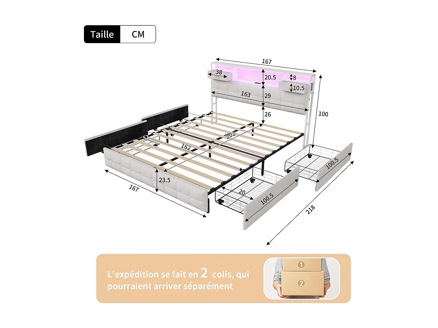 Gepolstertes Aufbewahrungsbett - 160 x 200 cm - USB Type-C-Ladeanschluss - 4 Schubladen - Samt - Beige