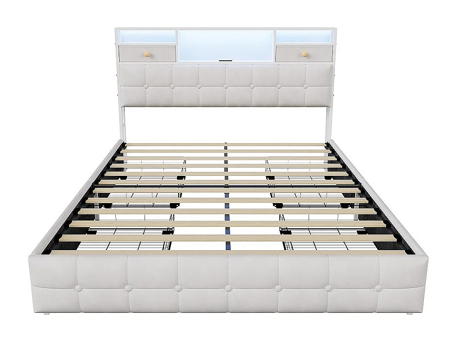 Gepolstertes Aufbewahrungsbett - 160 x 200 cm - USB Type-C-Ladeanschluss - 4 Schubladen - Samt - Beige
