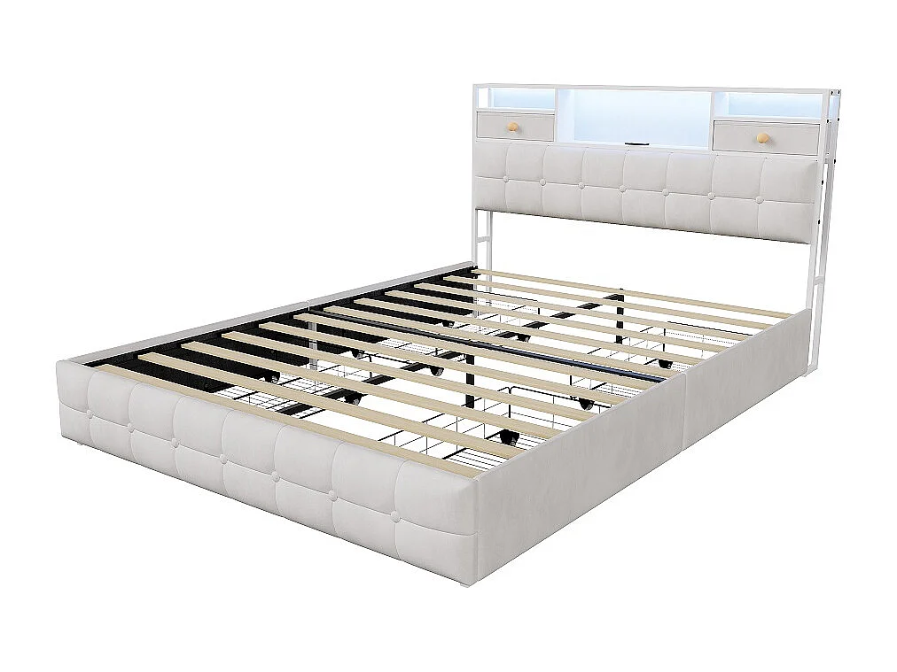 Gepolstertes Aufbewahrungsbett - 160 x 200 cm - USB Type-C-Ladeanschluss - 4 Schubladen - Samt - Beige