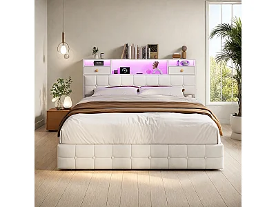 Gestoffeerd opbergbed - 160 x 200 cm - USB Type-C Oplaadpoort - 4 laden - Fluweel - Beige