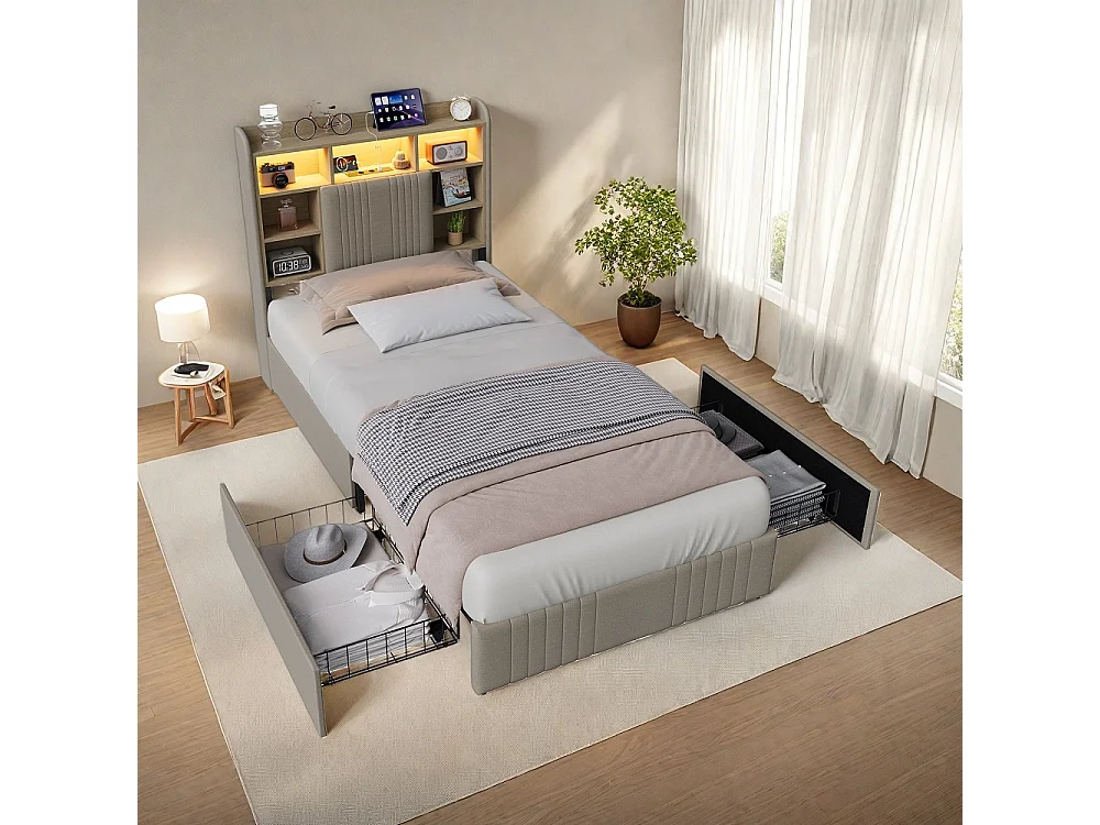 Modernes LED-Aufbewahrungsbett mit 4 Schubladen - 90 x 200 cm - Hautfreundliches Leinen - Beige