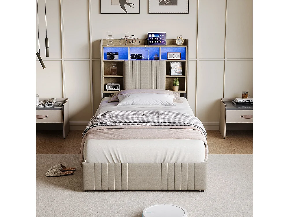 Modernes LED-Aufbewahrungsbett mit 4 Schubladen - 90 x 200 cm - Hautfreundliches Leinen - Beige