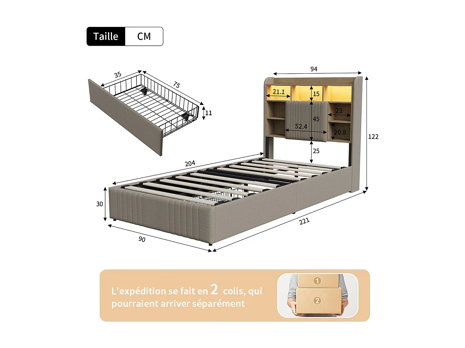 Modernes LED-Aufbewahrungsbett mit 4 Schubladen - 90 x 200 cm - Hautfreundliches Leinen - Beige