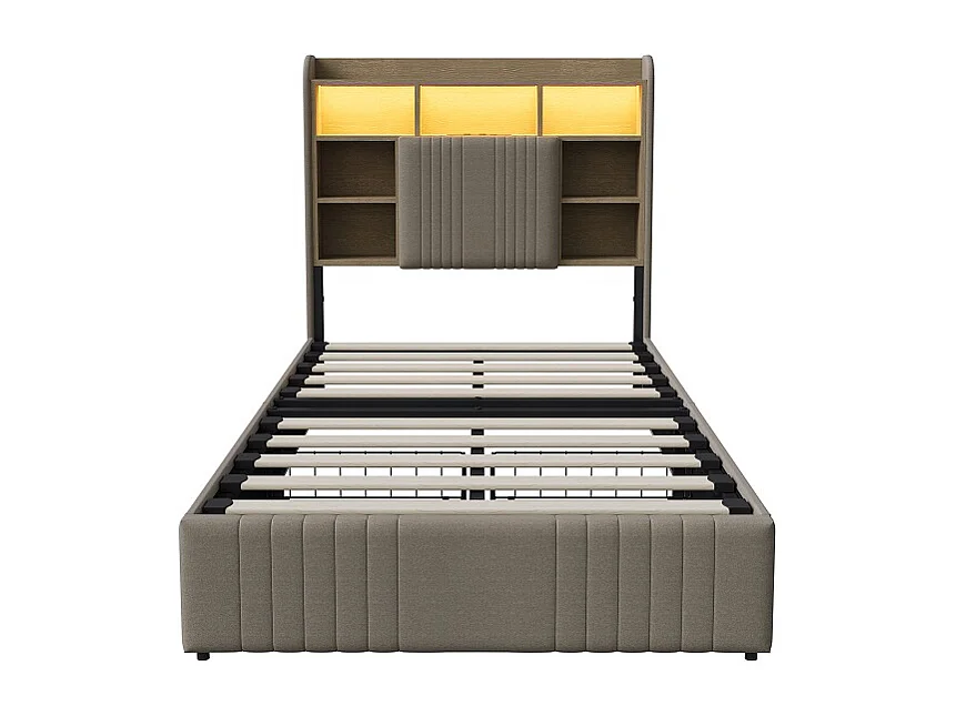 Modernes LED-Aufbewahrungsbett mit 4 Schubladen - 90 x 200 cm - Hautfreundliches Leinen - Beige