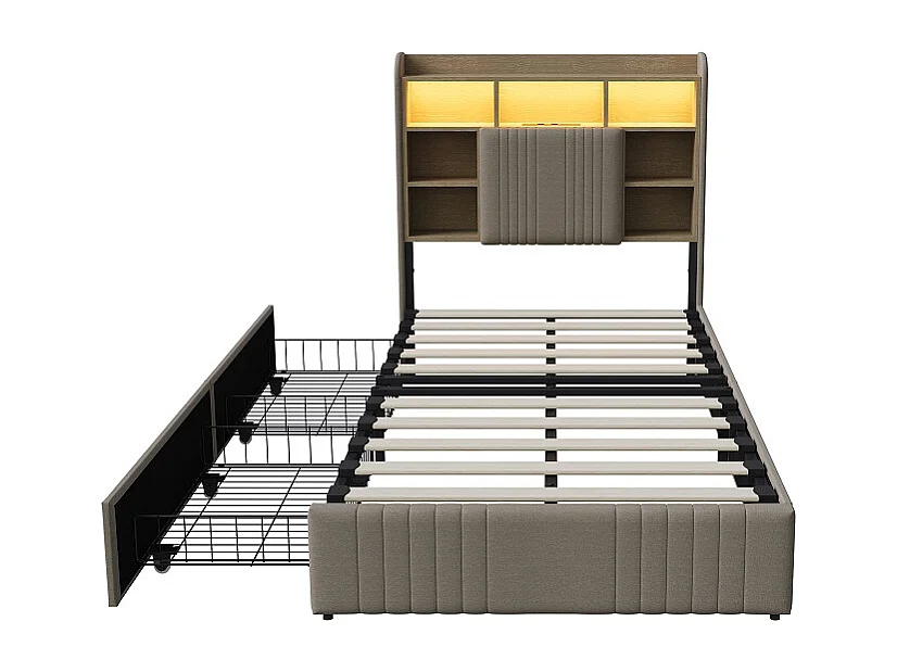 Modernes LED-Aufbewahrungsbett mit 4 Schubladen - 90 x 200 cm - Hautfreundliches Leinen - Beige