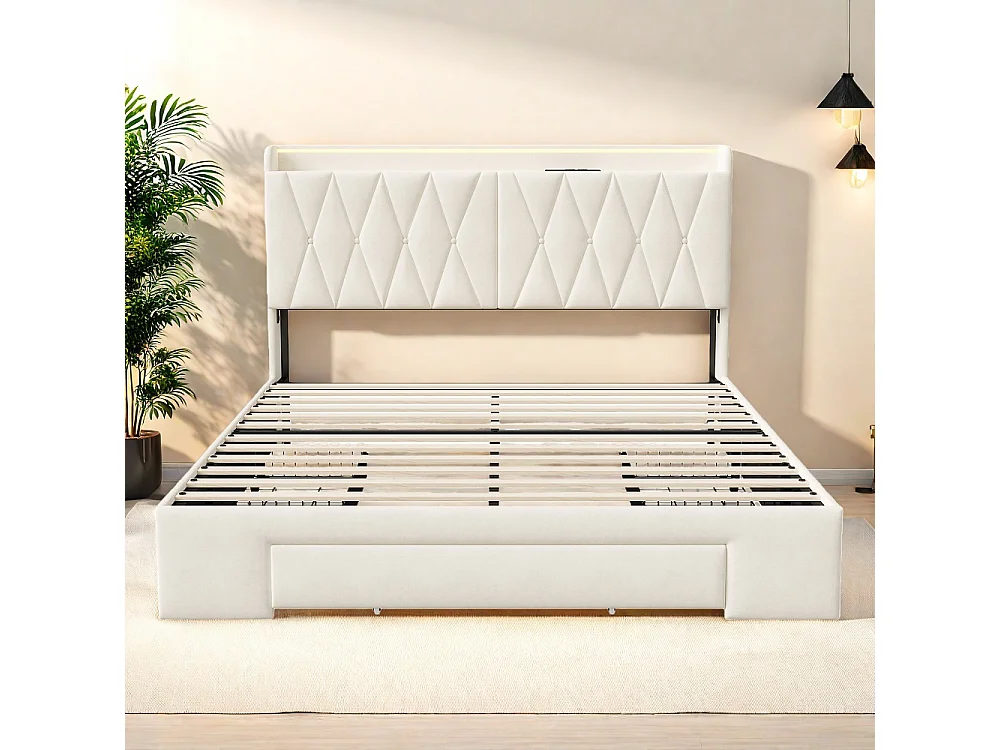 Lit de stockage - 160 x 200 cm - avec 3 tiroirs & éclairage LED & fonction de charge USB + Type-C - Velvet - Beige