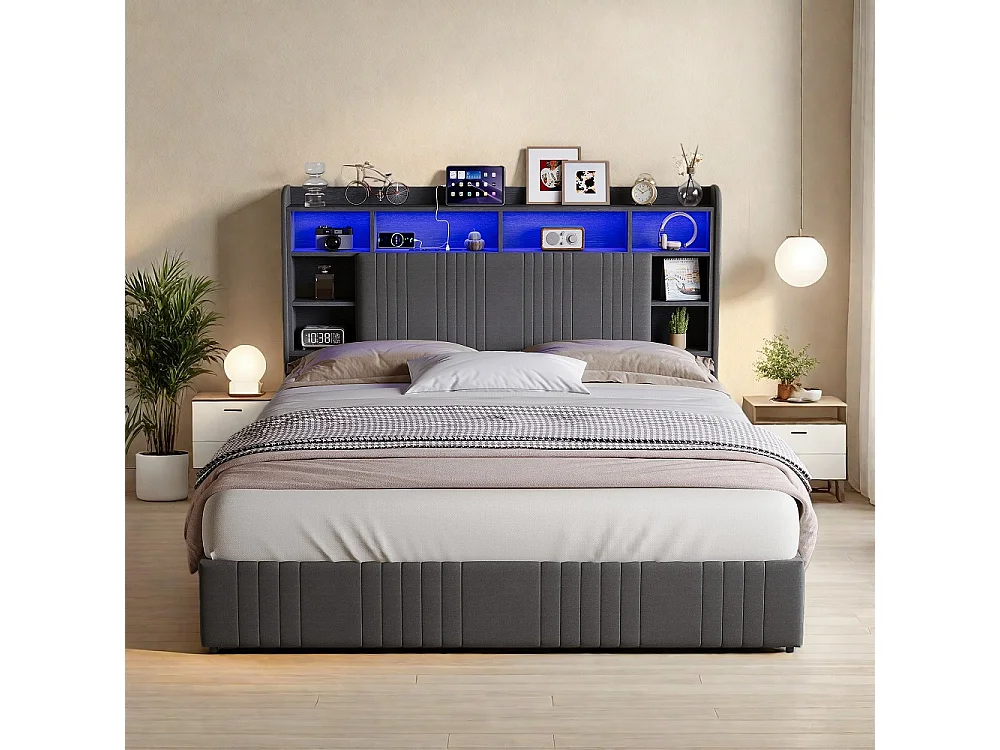 LED-Aufbewahrungsbett - 140 x 200 cm - 4 Schubladen & Ladestation - Leinen - Grau