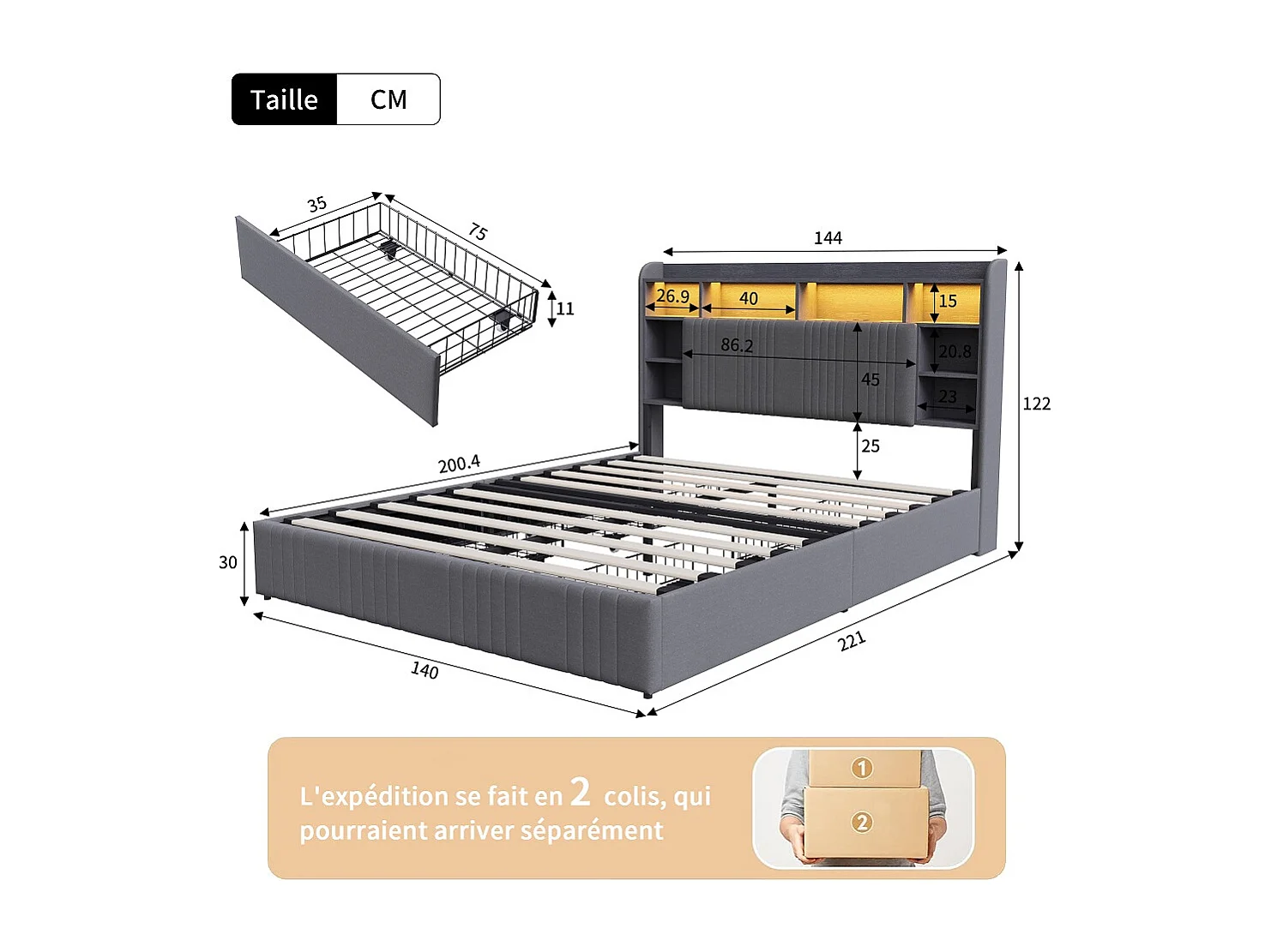 LED-Aufbewahrungsbett - 140 x 200 cm - 4 Schubladen & Ladestation - Leinen - Grau
