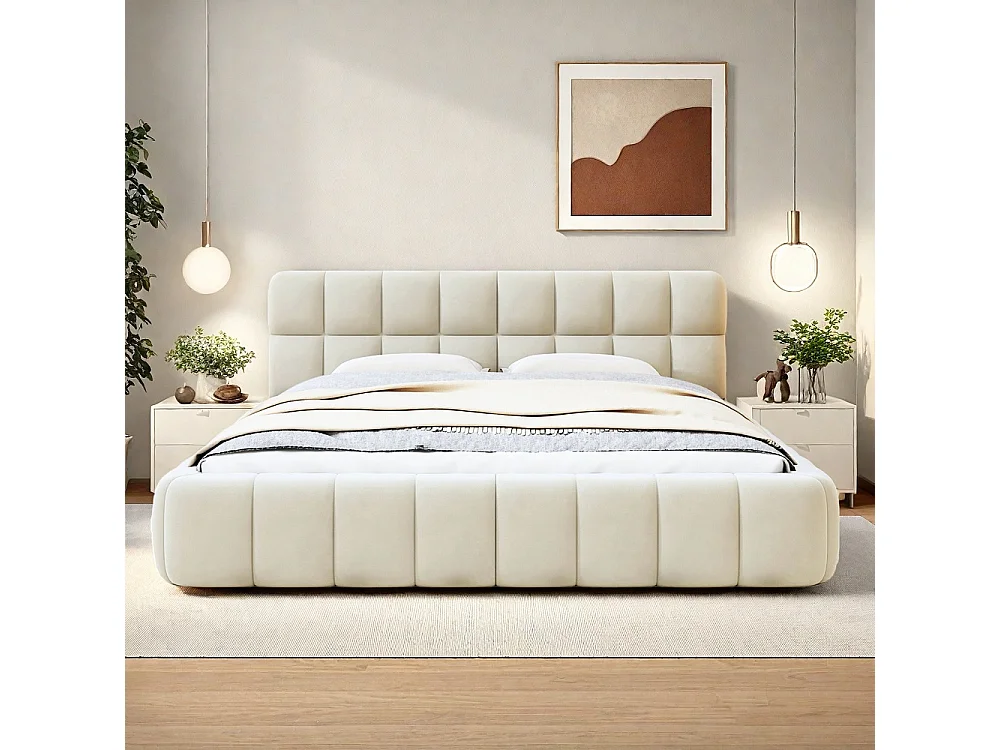 Lit plat - 140 x 190 cm - Design matelas avec dossier doux - Linge de maison - Beige
