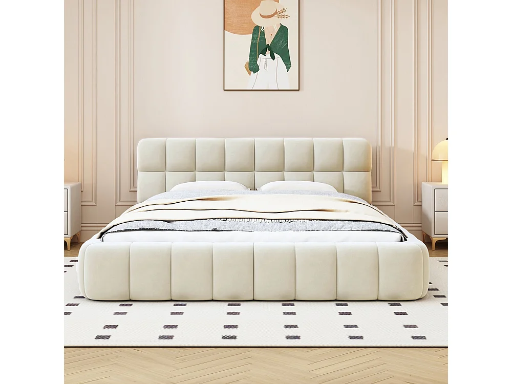 Lit plat - 140 x 190 cm - Design matelas avec dossier doux - Linge de maison - Beige