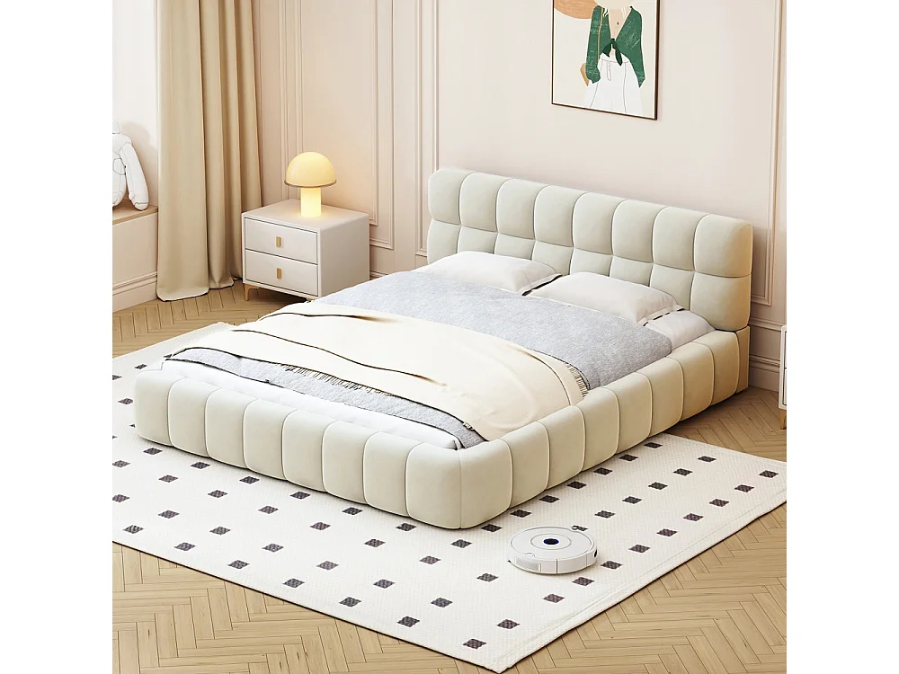 Lit plat - 140 x 190 cm - Design matelas avec dossier doux - Linge de maison - Beige