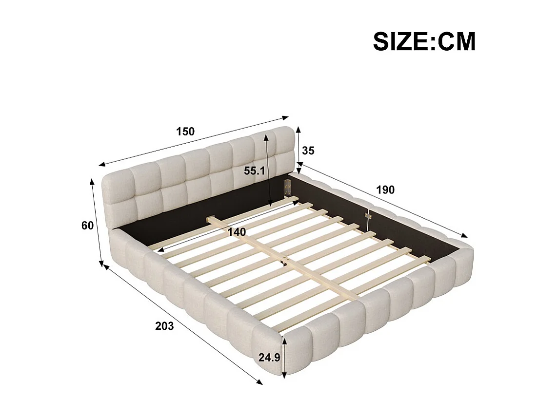 Lit plat - 140 x 190 cm - Design matelas avec dossier doux - Linge de maison - Beige