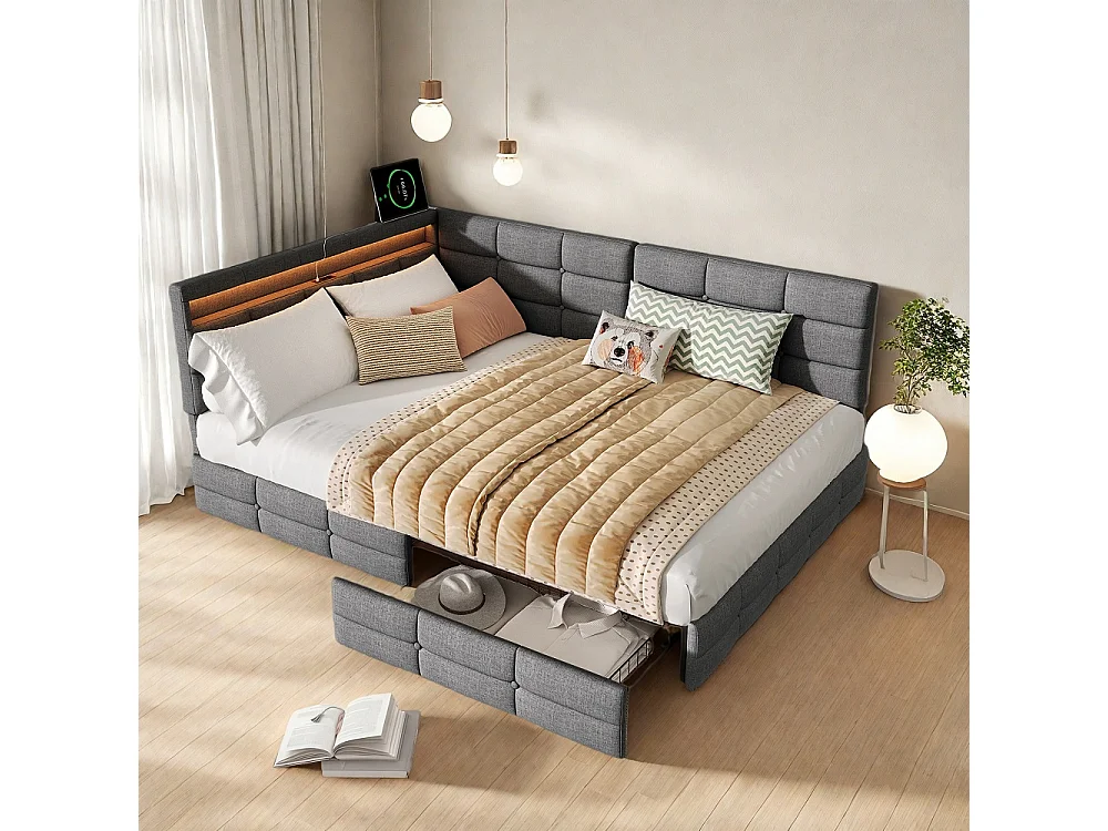Lits en forme de L - 140 x 200 cm - avec 2 tiroirs et LED et fonction de charge - linge - gris