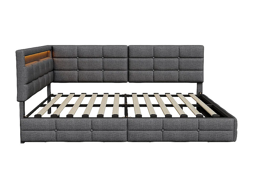 Lits en forme de L - 140 x 200 cm - avec 2 tiroirs et LED et fonction de charge - linge - gris