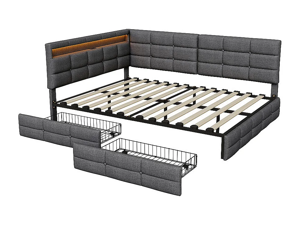 Lits en forme de L - 140 x 200 cm - avec 2 tiroirs et LED et fonction de charge - linge - gris