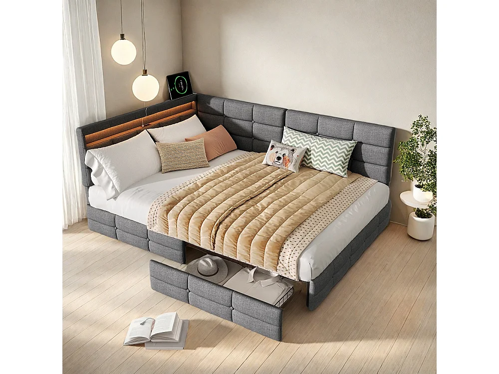 Lits en forme de L - 140 x 190 cm - avec 2 tiroirs et LED et fonction de charge - linge - gris
