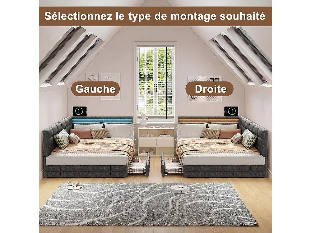 Lits en forme de L - 140 x 190 cm - avec 2 tiroirs et LED et fonction de charge - linge - gris