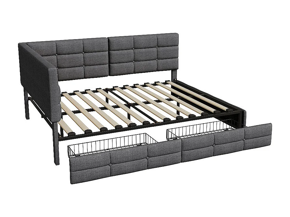 Lits en forme de L - 140 x 190 cm - avec 2 tiroirs et LED et fonction de charge - linge - gris