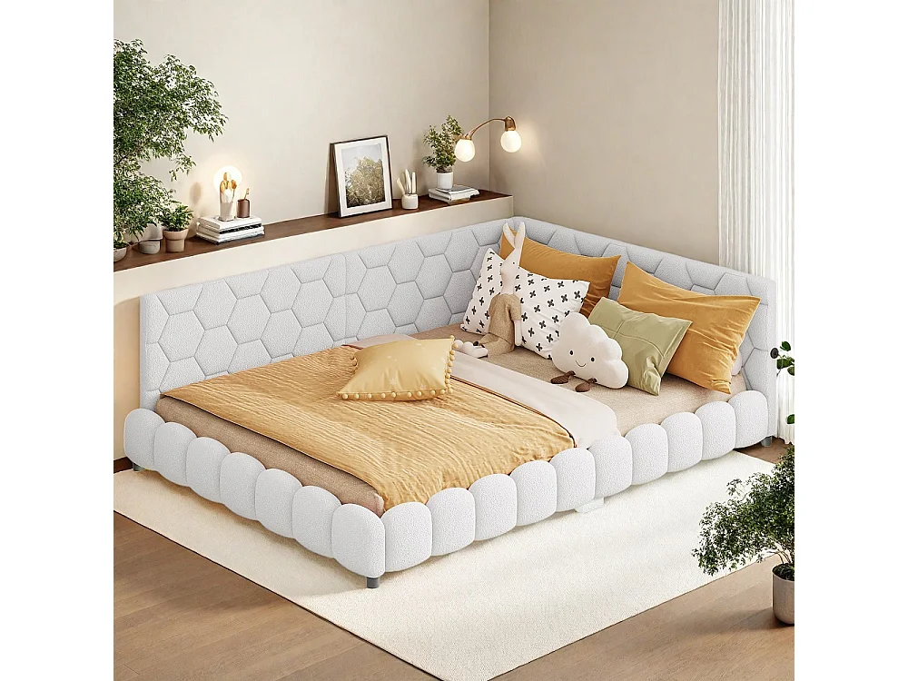 Lit de jour rembourré - 140 x 200 cm - avec éclairage LED et charge USB - Fleece d'agneau - Blanc