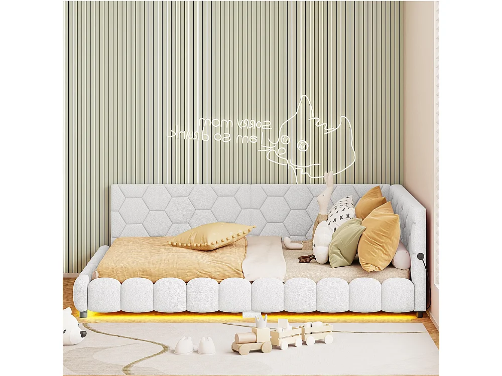 Lit de jour rembourré - 140 x 200 cm - avec éclairage LED et charge USB - Fleece d'agneau - Blanc