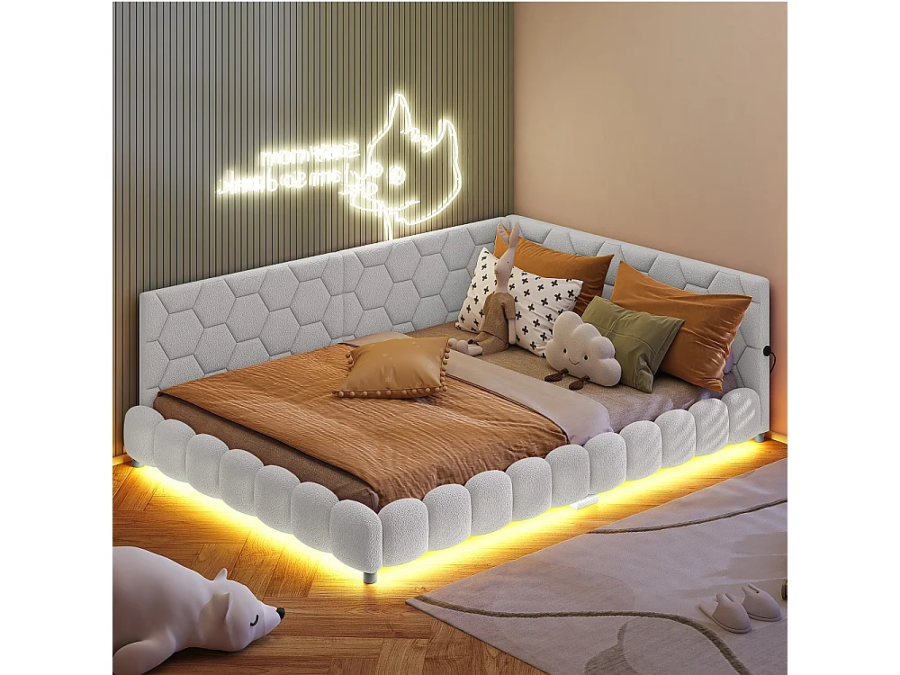 Lit de jour rembourré - 140 x 200 cm - avec éclairage LED et charge USB - Fleece d'agneau - Blanc