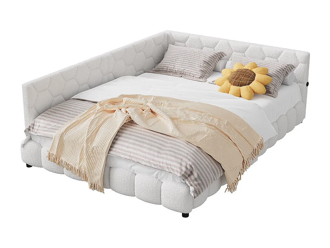 Lit de jour rembourré - 140 x 200 cm - avec éclairage LED et charge USB - Fleece d'agneau - Blanc