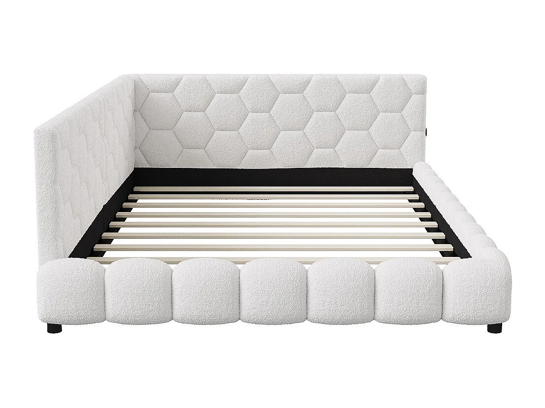 Lit de jour rembourré - 140 x 200 cm - avec éclairage LED et charge USB - Fleece d'agneau - Blanc