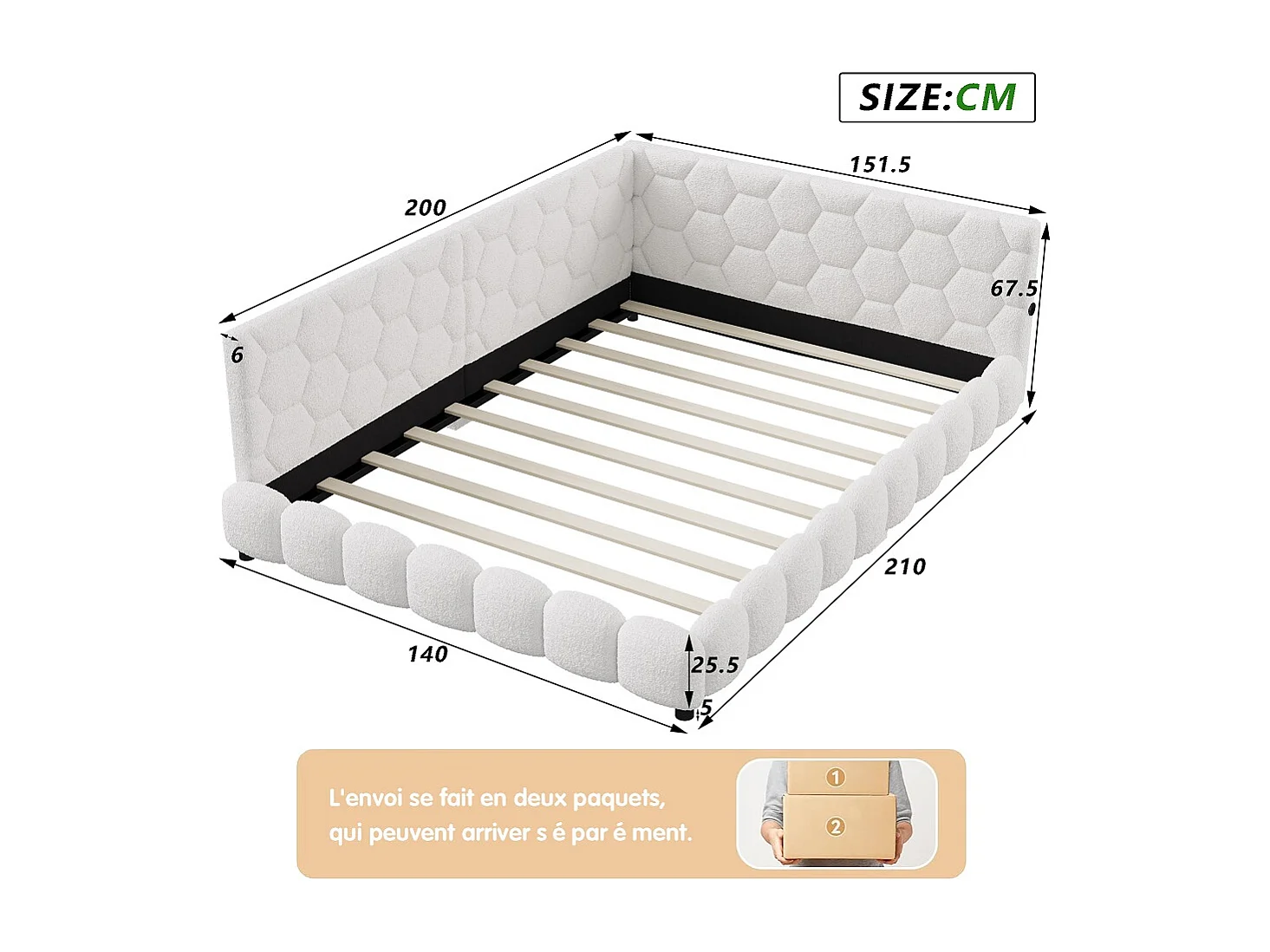 Lit de jour rembourré - 140 x 200 cm - avec éclairage LED et charge USB - Fleece d'agneau - Blanc