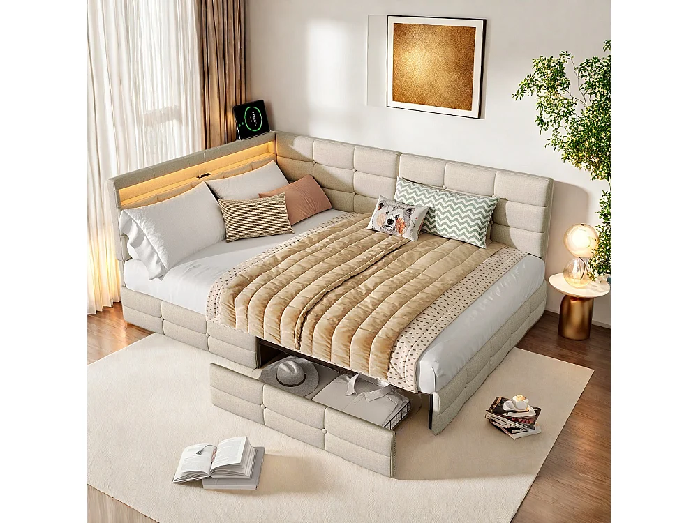 Lits en forme de L - 140 x 200 cm - avec 2 tiroirs et LED et fonction de charge - linge - beige