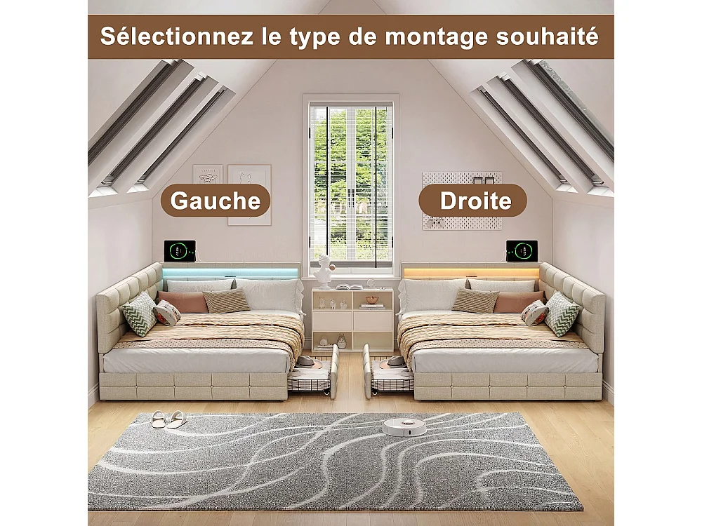 Lits en forme de L - 140 x 200 cm - avec 2 tiroirs et LED et fonction de charge - linge - beige