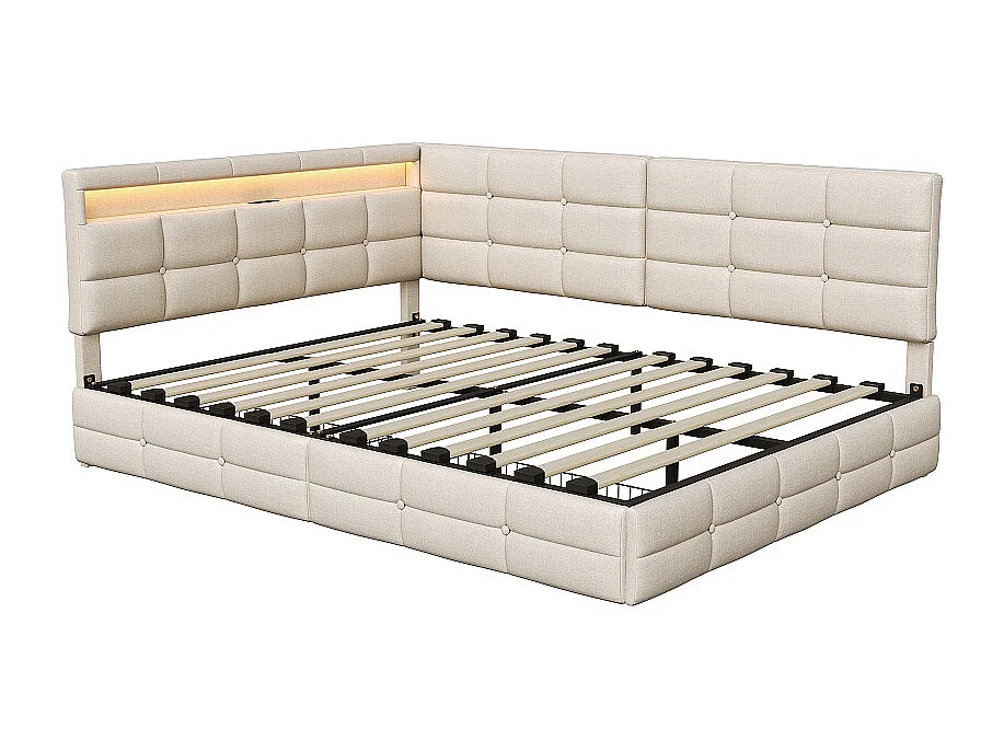 Lits en forme de L - 140 x 200 cm - avec 2 tiroirs et LED et fonction de charge - linge - beige