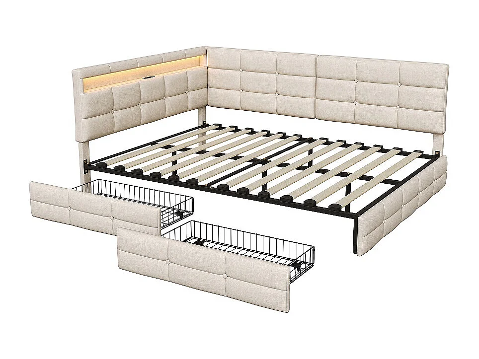 Lits en forme de L - 140 x 200 cm - avec 2 tiroirs et LED et fonction de charge - linge - beige