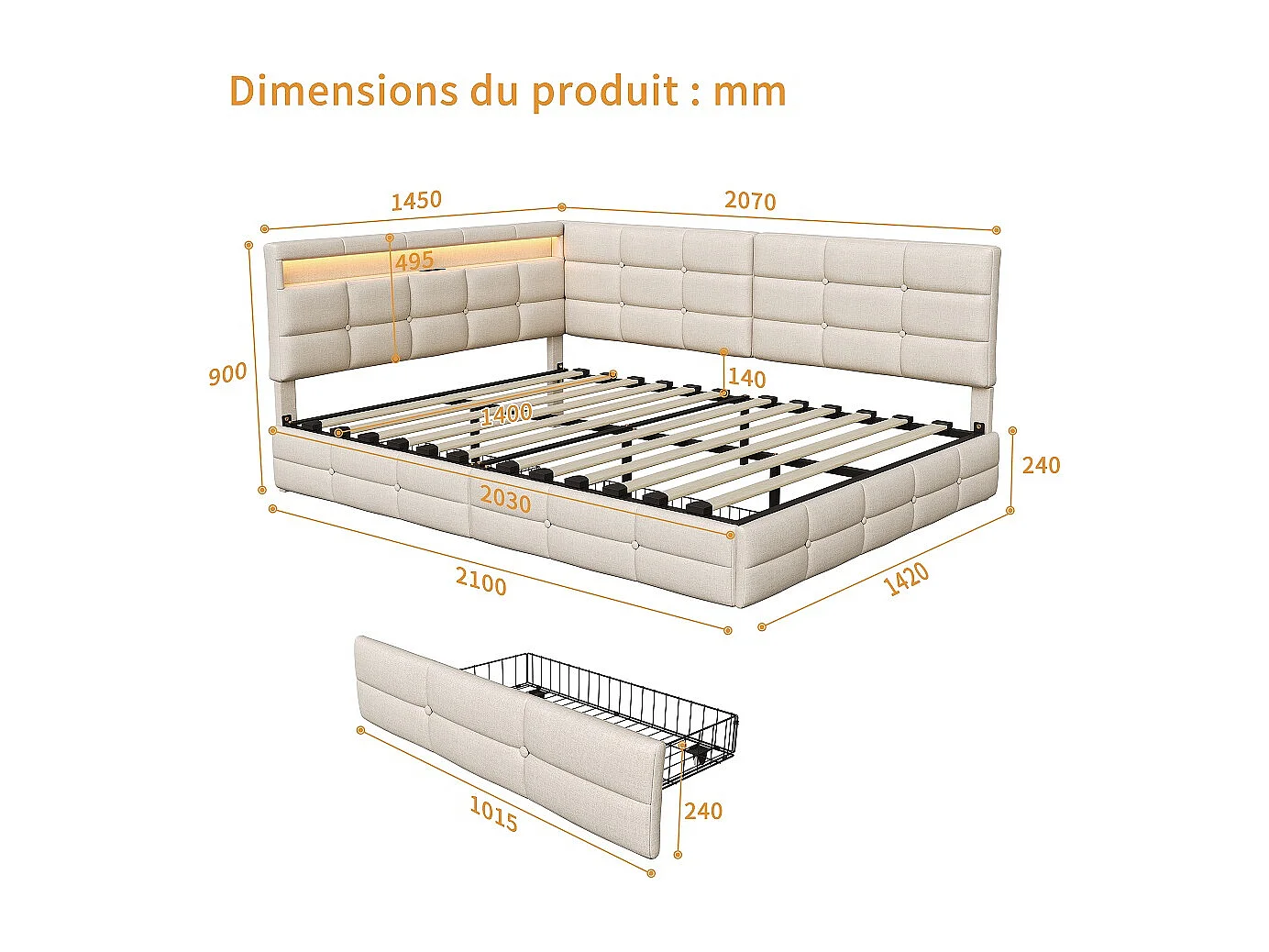 Lits en forme de L - 140 x 200 cm - avec 2 tiroirs et LED et fonction de charge - linge - beige