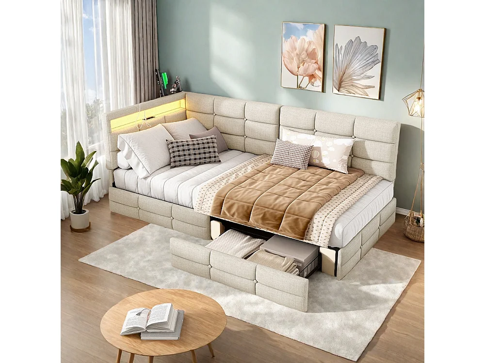 Modernt L-format säng med LED-lampor, 2 lådor och USB-laddningsfunktion - beige - 90 x 200 cm
