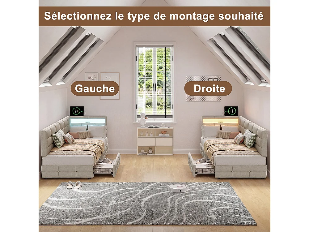 Modernt L-format säng med LED-lampor, 2 lådor och USB-laddningsfunktion - beige - 90 x 200 cm