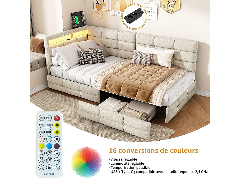 Modernt L-format säng med LED-lampor, 2 lådor och USB-laddningsfunktion - beige - 90 x 200 cm