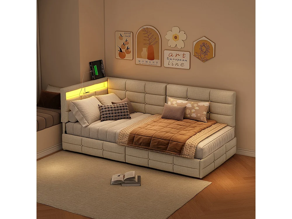 Modernt L-format säng med LED-lampor, 2 lådor och USB-laddningsfunktion - beige - 90 x 200 cm