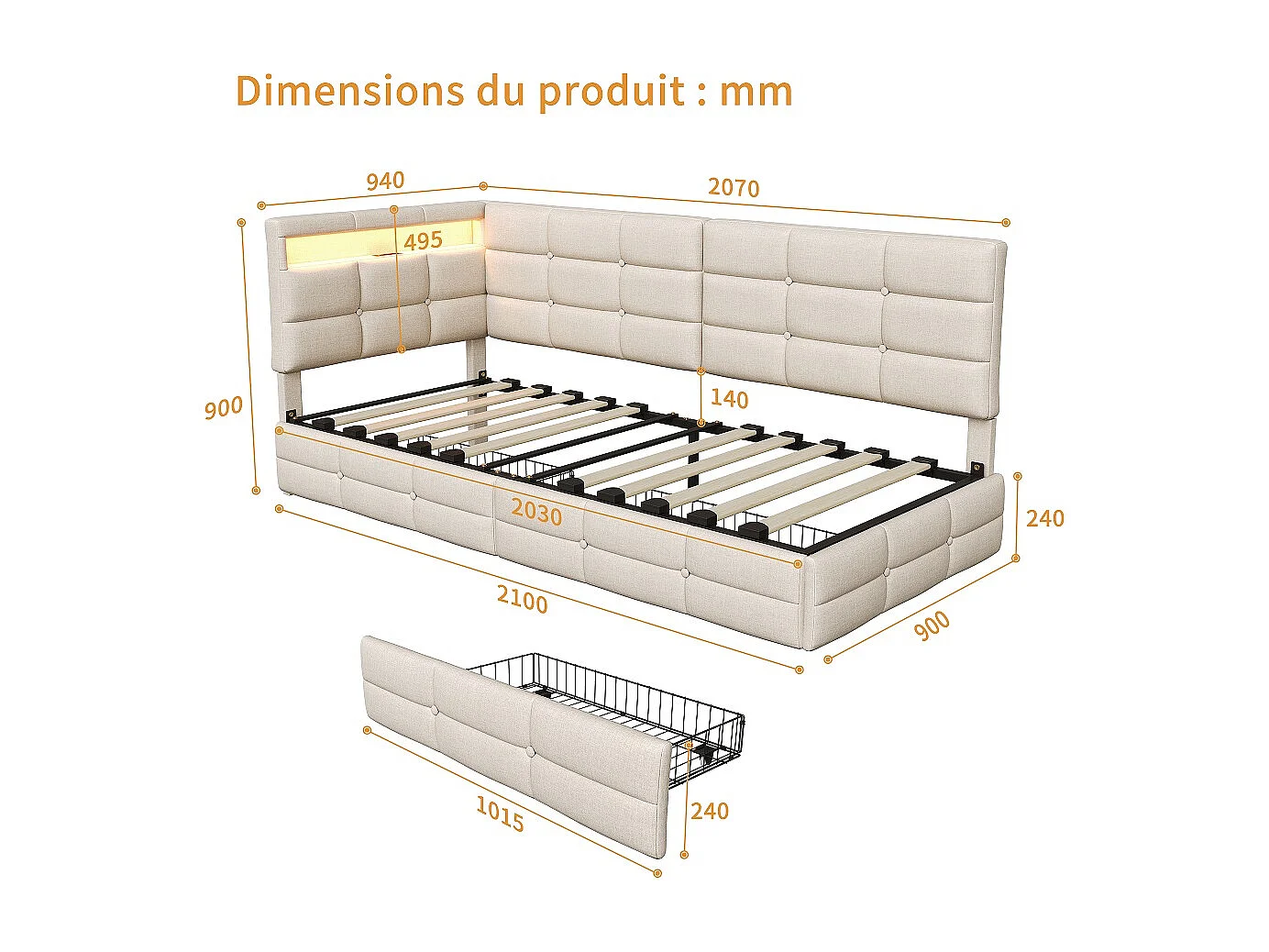 Modernt L-format säng med LED-lampor, 2 lådor och USB-laddningsfunktion - beige - 90 x 200 cm