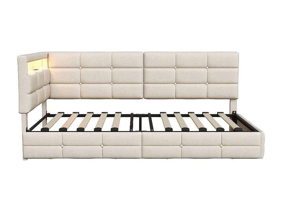 Modernt L-format säng med LED-lampor, 2 lådor och USB-laddningsfunktion - beige - 90 x 200 cm