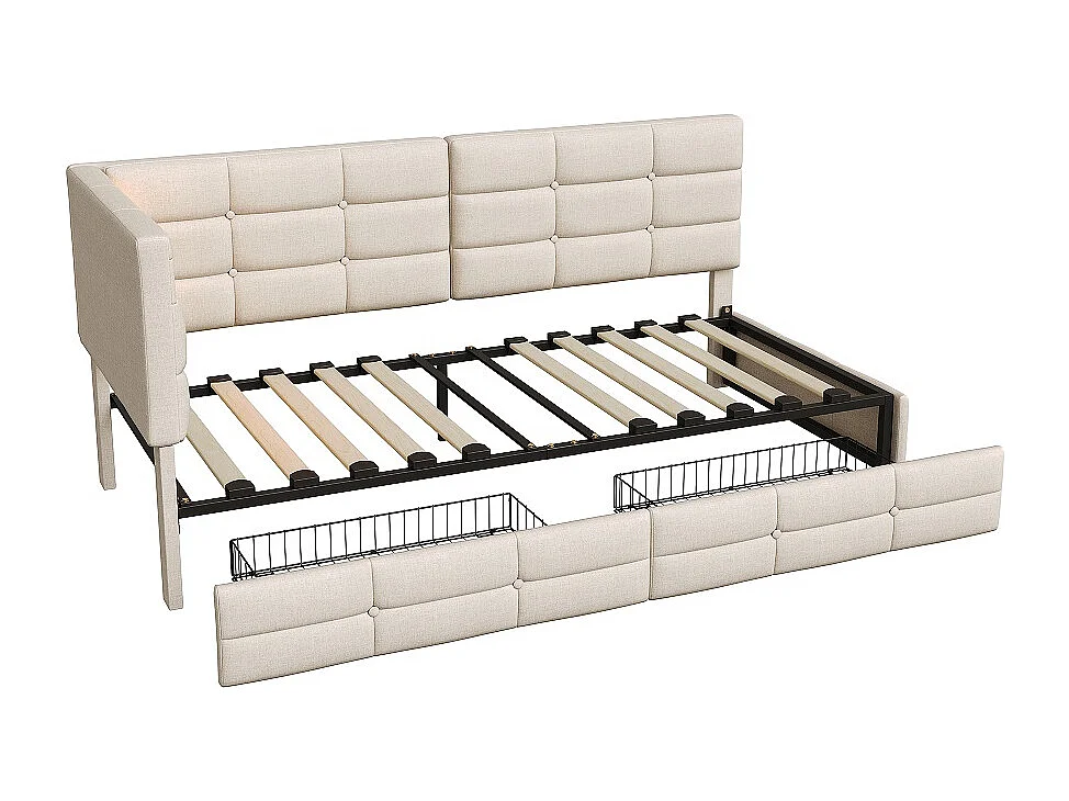 Modernt L-format säng med LED-lampor, 2 lådor och USB-laddningsfunktion - beige - 90 x 200 cm