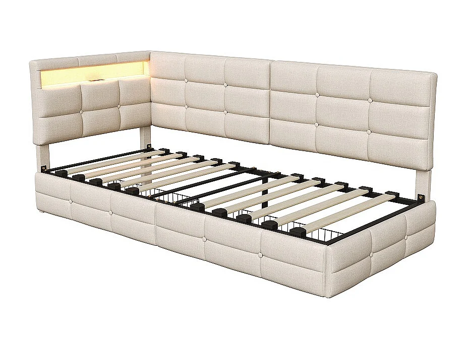 Modernt L-format säng med LED-lampor, 2 lådor och USB-laddningsfunktion - beige - 90 x 200 cm
